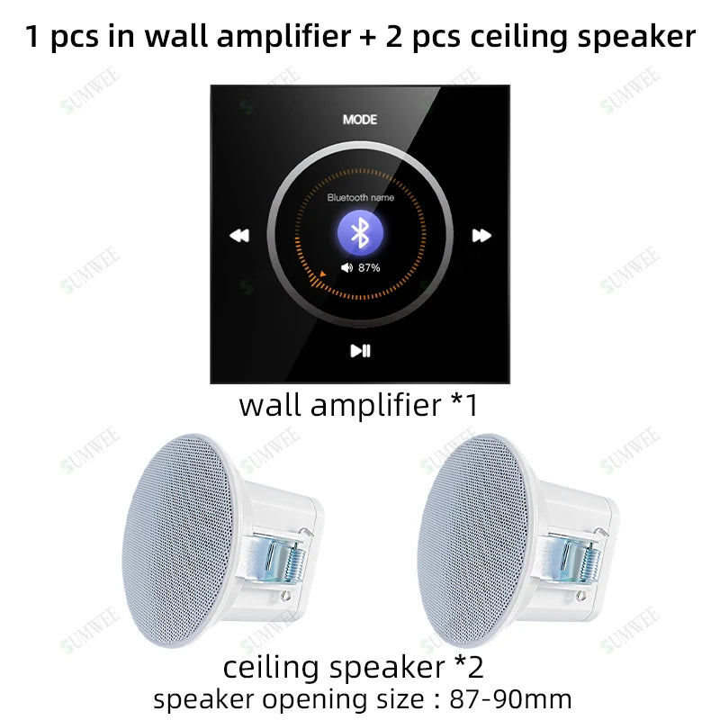 Home Background music player system audio in wall power amplifier bluetooths TF USB FM radio AUX controls panel ceiling speakers