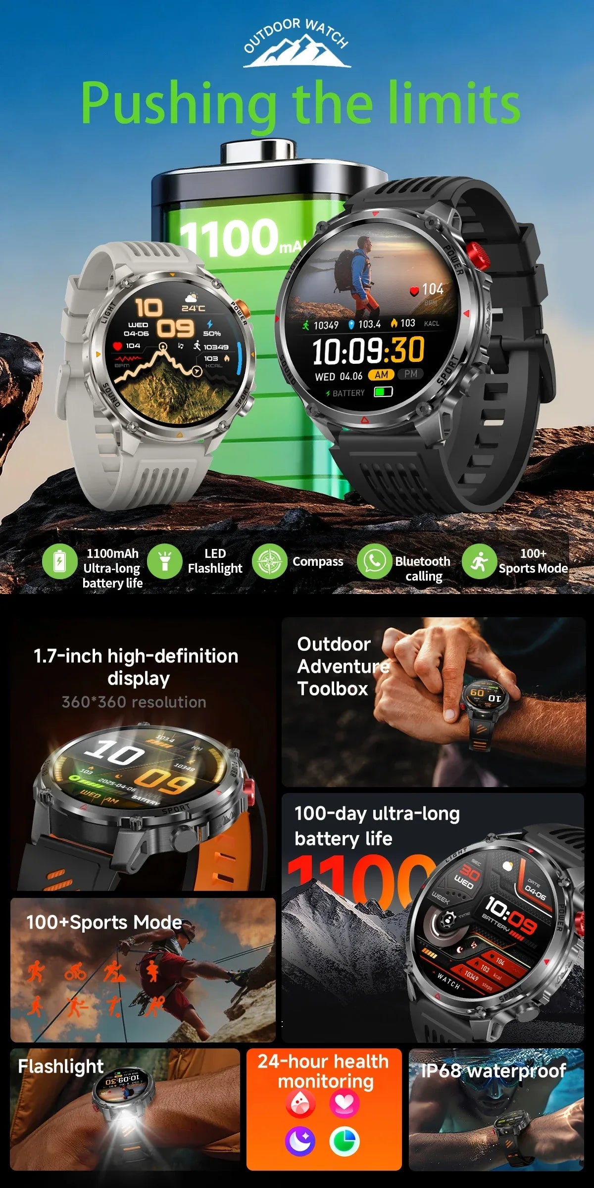 2026 Edition Military Outdoor Sports Smartwatch 1.7-inch AMOLED screen 1100 mAh battery LED flashlight Bluetooth call Waterproof