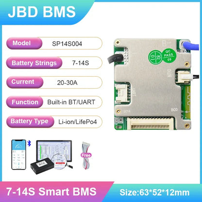 JBD Smart BMS 7S 8S 9S 10S 11S 12S 13S 14S 24V 36V 48V Built-in BT 20A 30A BMS Lifepo4 Li-ion Passive Balance Uart for E-bike