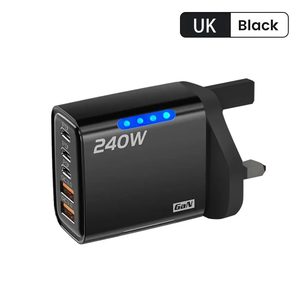 Total 240W Power GaN Charger 5 in 1 Fast Charging Charger PD Adapter For iPhone Samsung Xiaomi Huawei Laptop Tablet 2USB 3C