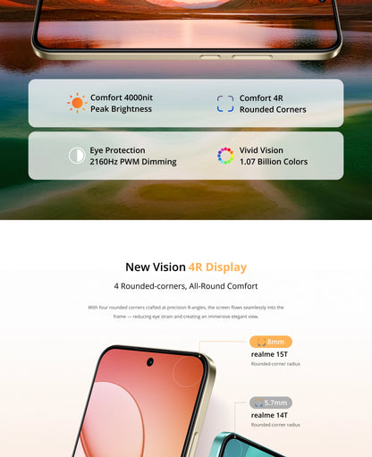 realme 15T 5G Smartphone NFC Dimensity 6400 Max Chipset Dual 50MP Cameras 6.57" 120Hz AMOLED Display 7000mAh Battery 60W Charge