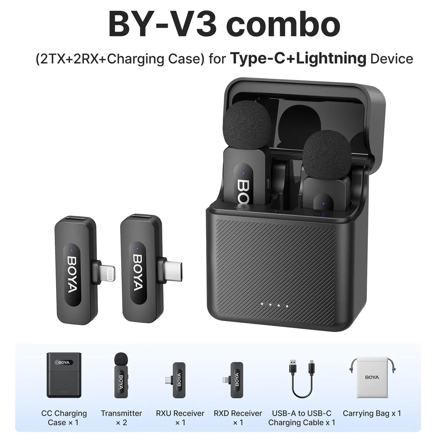 BOYA BY-V3 Wireless Lavalier Lapel Mirophone Noise-cancelling Rechargeable Mic for iPhone Android Camera Live Streaming Vlogging