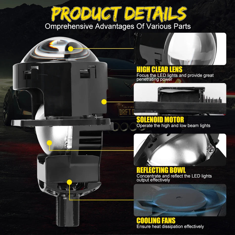 2pcs 3.0 Inch Bi Led Projector Lens Halo Light H4 H7 H1 9005 9006 Car Headlights Bulb Angel Eyes High Low Beam LED LHD RHD 6000K