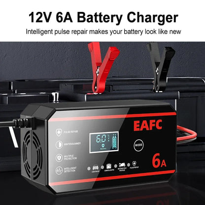 EAFC Fully Automatic 12V 6A Smart Car Battery Charger Pulse Repair LCD Display for Auto Moto AGM GEL WET Lead Acid LiFePO4
