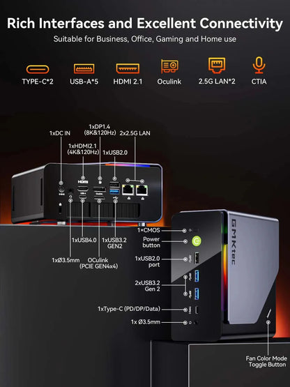 GMKtec K12 Mini PC AMD Ryzen 7 H 255 Windows 11 Pro DDR5 5600Mhz PCie3.0 NVMe SSD Wifi6E BT5.2 Quad Screen Display Oculink