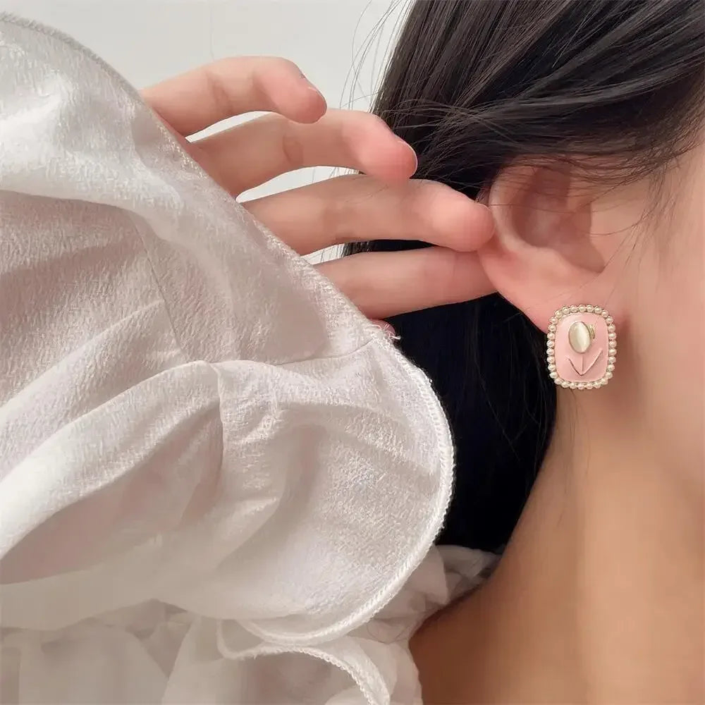 Opal Tulip Flower Pink Color Square Imitation Pearl Stud Earring for Women Korean Sweet Geometric Jewelry Christmas Girl Gift