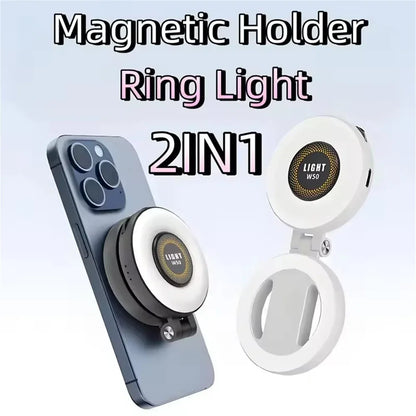 2in1 For Travel, Desktop, Selfies, Video, Makeup Portable Foldable Magnetic Rechargeable Ring Fill Light Phone Holder Perfect