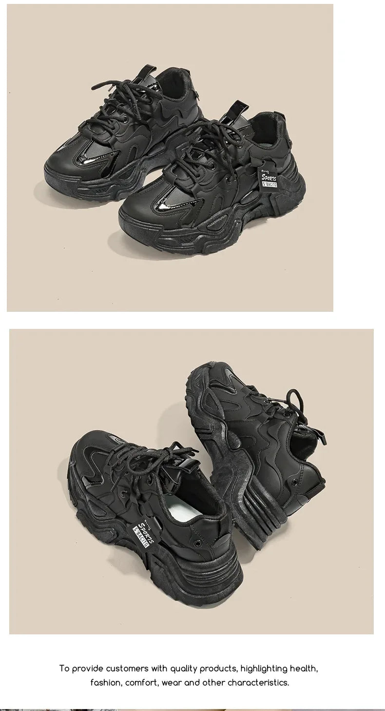 Women's Shoes Platform Autumn Leather 2025 New Versatile Black Casual Sneaker Solid Color Lace-up Vulcanize Shoes Tenis Feminino