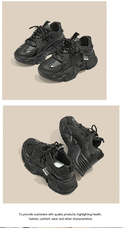 Women's Shoes Platform Autumn Leather 2025 New Versatile Black Casual Sneaker Solid Color Lace-up Vulcanize Shoes Tenis Feminino