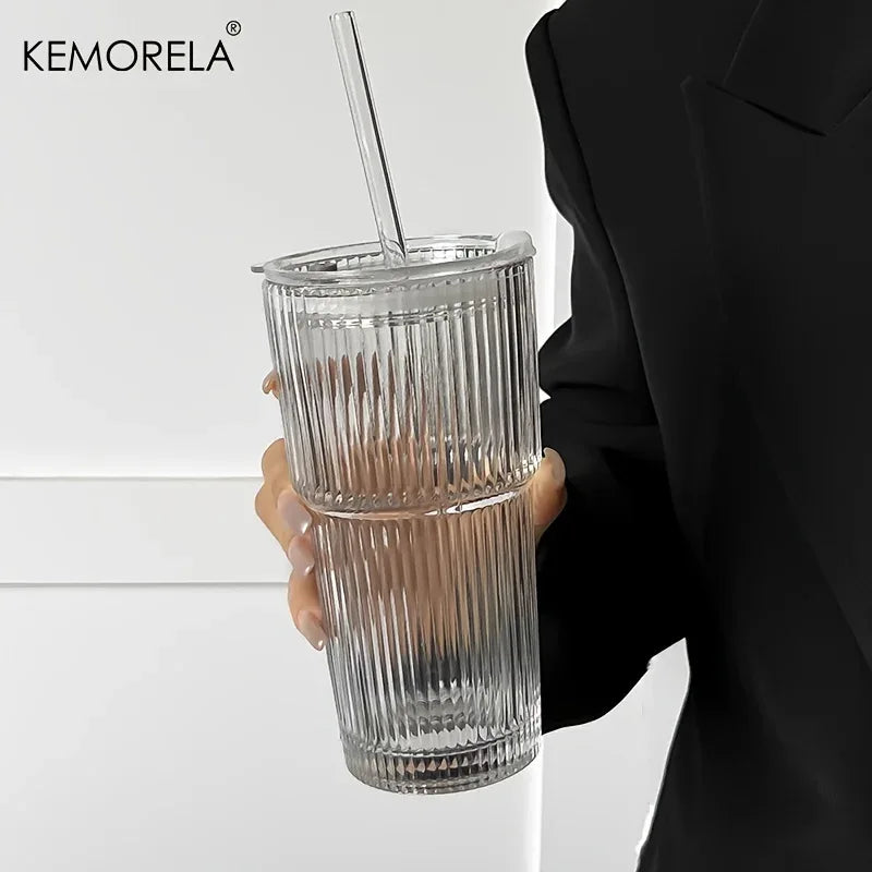 600ML Stripe Glass Coffee Cup With Lid and Without Cover Straw Transparent Drinking Glasses for Juice Iced Coffee Mugs Drinkware