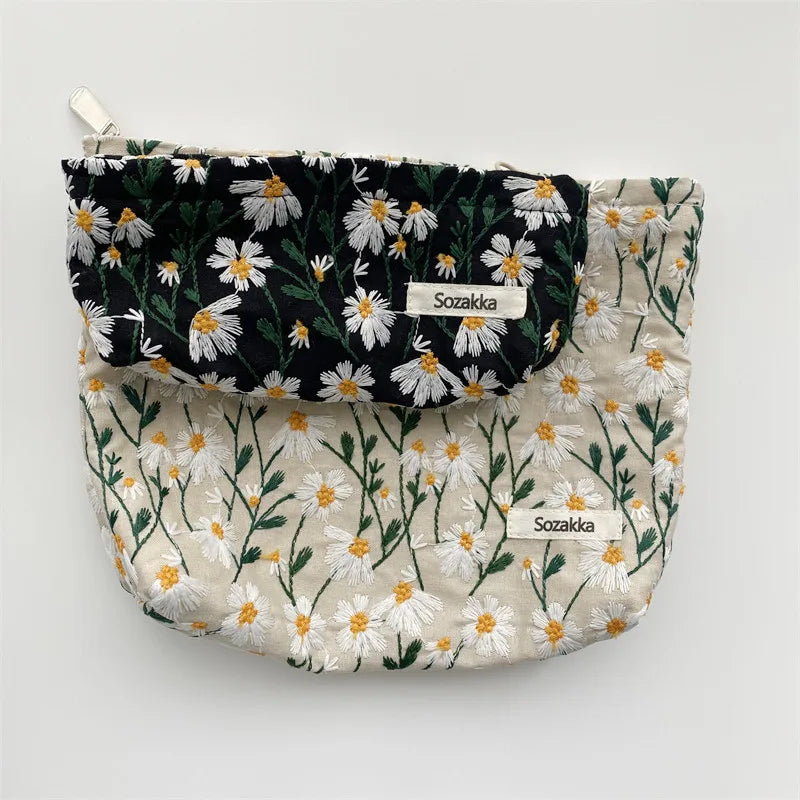 Cosmetic Bag Women Floral Makeup Case Organizer Korean Embroidery Cosmetic Pouch Travel Toiletry Bag Corduroy Canvas Beauty Case