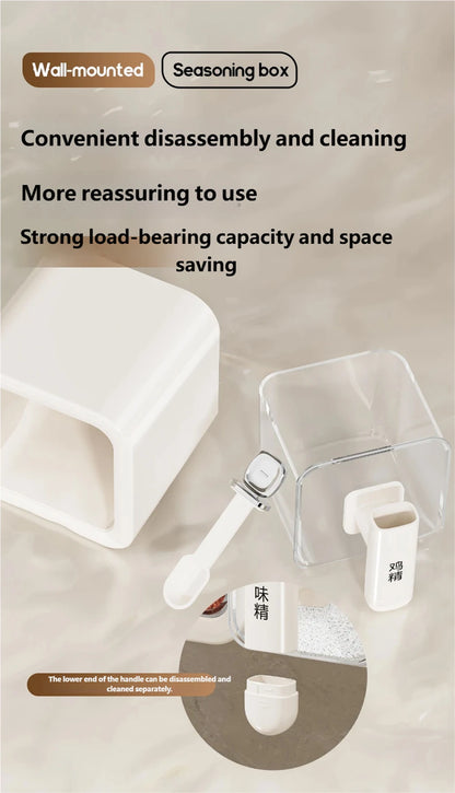 Non perforated seasoning box, seasoning storage container with spoon, spice jar, chili spice, kitchen organizer