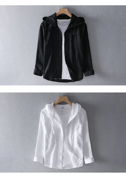 Spring Summer New Hooded Long-sleeved Solid Inen Shirt Trendy Men's Thin Loose Youth Fashionable Cotton Linen Sunscreen Shirt