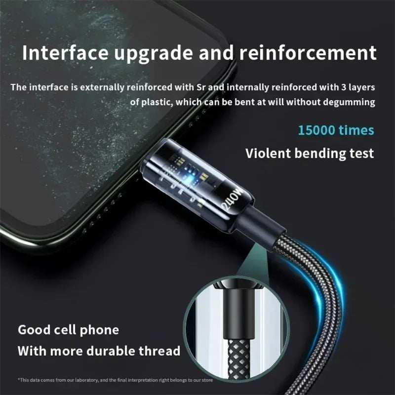 240W Nylon USB C to C Fast Charging Cable with LED Digital Display for Samsung Xiaomi Huawei OPPO Quick Charge 3.0 Data Cord