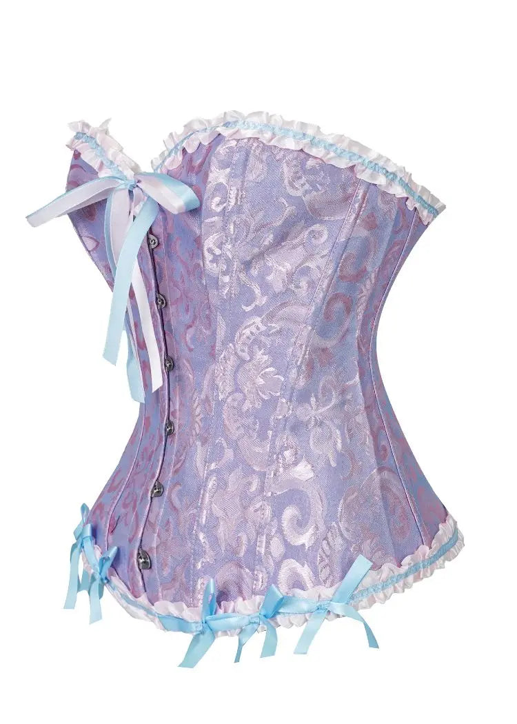 A lake blue dress with a flower patterned corset and a cinched waist for slimming ladies