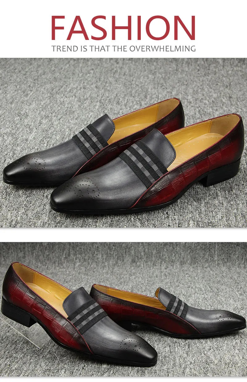Loafer Men Fashion Cowhide Shoes Casual Gentleman Party Wedding  Leather Shoes Gray Red Mixed Striped Elastic Band Footwear