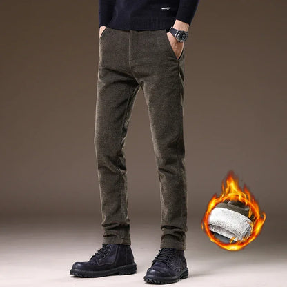 Casual Pants Men Winter New Fleece Business Elastic Waist Slim Korean Warm Thick Brushed Plush Trousers Male 28-38