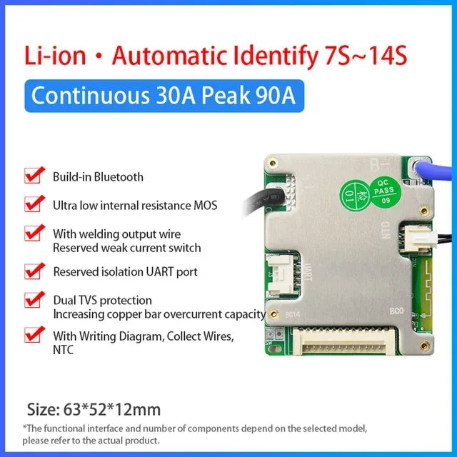 JBD Smart BMS 7S 8S 9S 10S 11S 12S 13S 14S 24V 36V 48V Built-in BT 20A 30A BMS Lifepo4 Li-ion Passive Balance Uart for E-bike