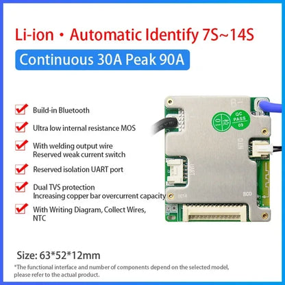 JBD Smart BMS 7S 8S 9S 10S 11S 12S 13S 14S 24V 36V 48V Built-in BT 20A 30A BMS Lifepo4 Li-ion Passive Balance Uart for E-bike