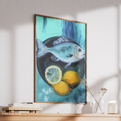 Kitchen Canvas Print Impressionist Lemon and Sardine Painting Modern Wood Frame Wall Decor