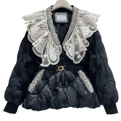 Cotton Padded Women's Coat Winter Parkas Sweet Heavy Industry Water Diamond Doll Collar, Waist Cinching Warm Cotton Clothing