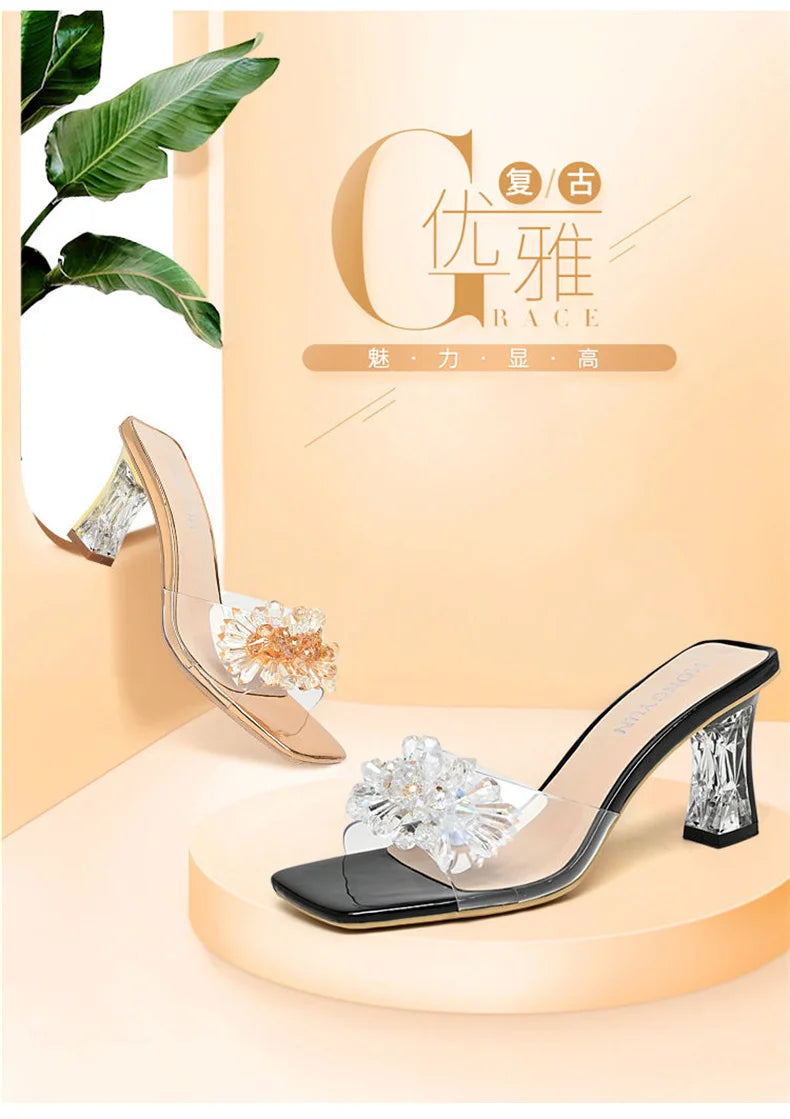 2023 Summer Square Head Open Toe Fashion Transparent Soft Flower Women's Slippers Crystal Heel New High Heel Sandals