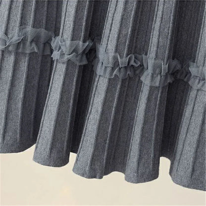 Lace Ruffle Mesh Patchwork Knitted Midi Pleated Skirt Women 2024 Autumn Winter High Waist Umbrella Solid Skirt A-Line Long Skirt