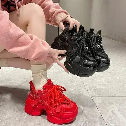 8CM Women Bling Red Chunky Sneakers Winter High Platform Warm Fur Shoes Ladies Wedges Casual Dad Shoes Leather Sports Sneakers