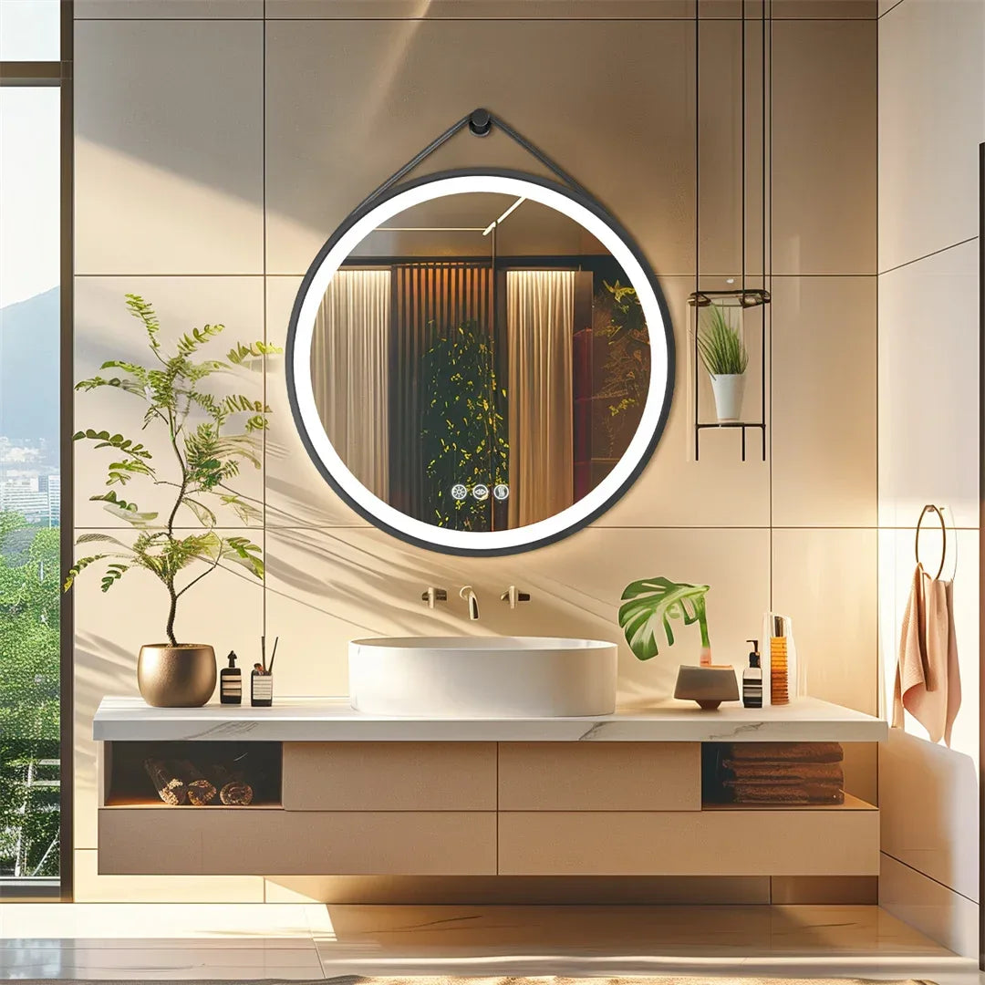 LUVODI 32-Inch Large Round Bathroom Mirror with LED Lights Black Frame Touch Sensor Lighted Mirror for Bathrooms