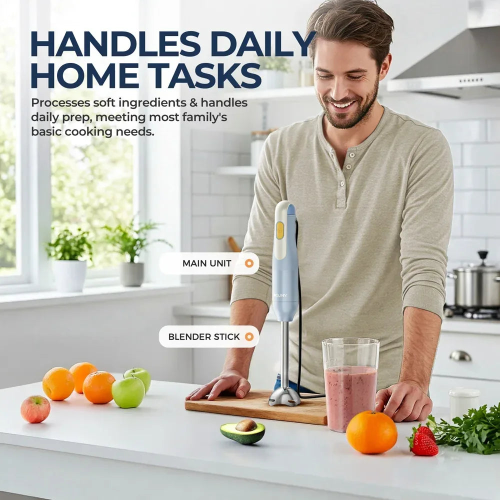 ROUNY Handheld Immersion Blender with Stainless Steel Blades for Kitchen Food Mixing, Light Blue Stick Blender, Classic Basic