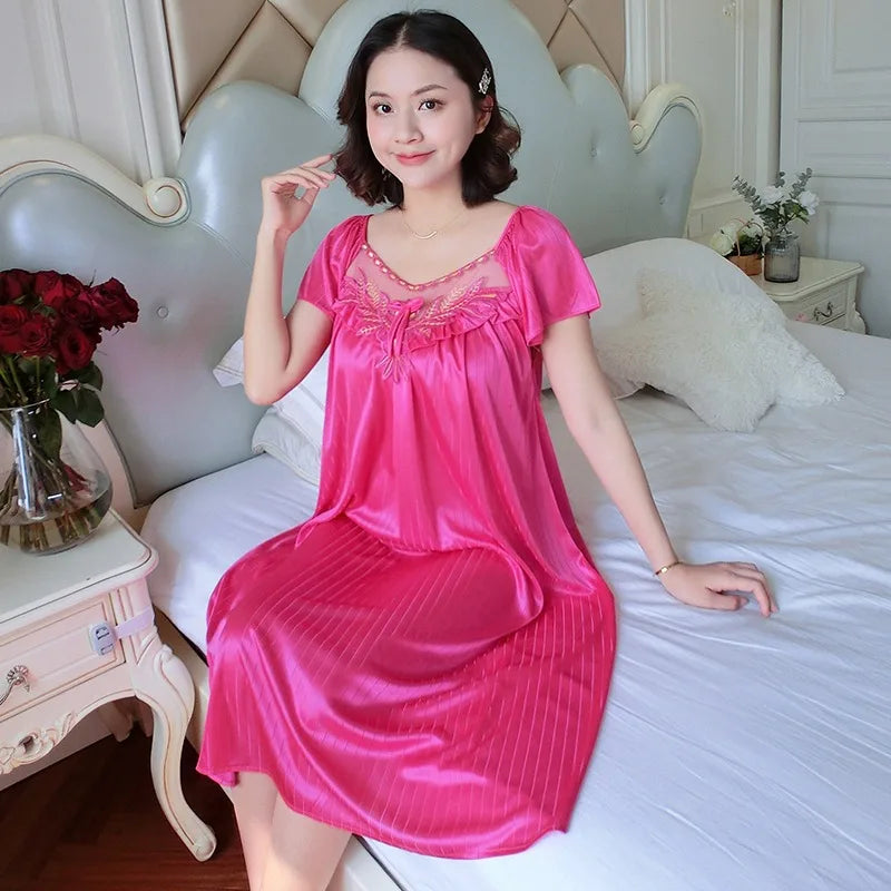 Women's Nightdress Loungewear Ladies Ice Silk Nightgowns Sleeping Dress Medium Length Short Sleeve Home Wear Pyjama Sleepwear