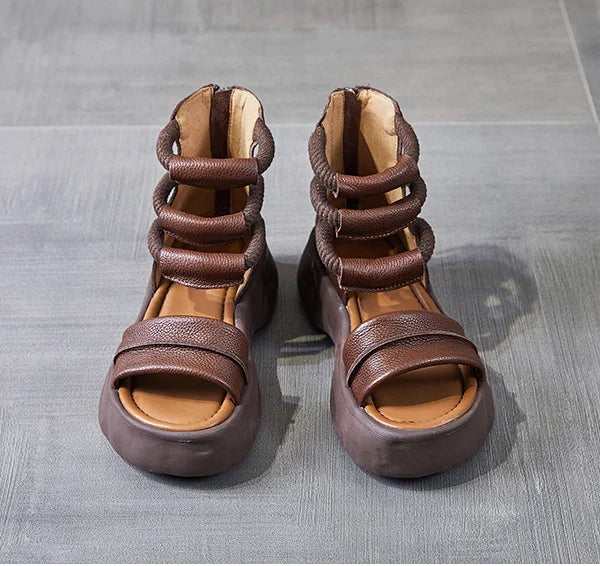Koznoy 8cm Natural Genuine Leather Sandals Boots Flats Platform Wedge Summer Women Hollow Pumps Peep Toe Booties Mary Jane Shoes