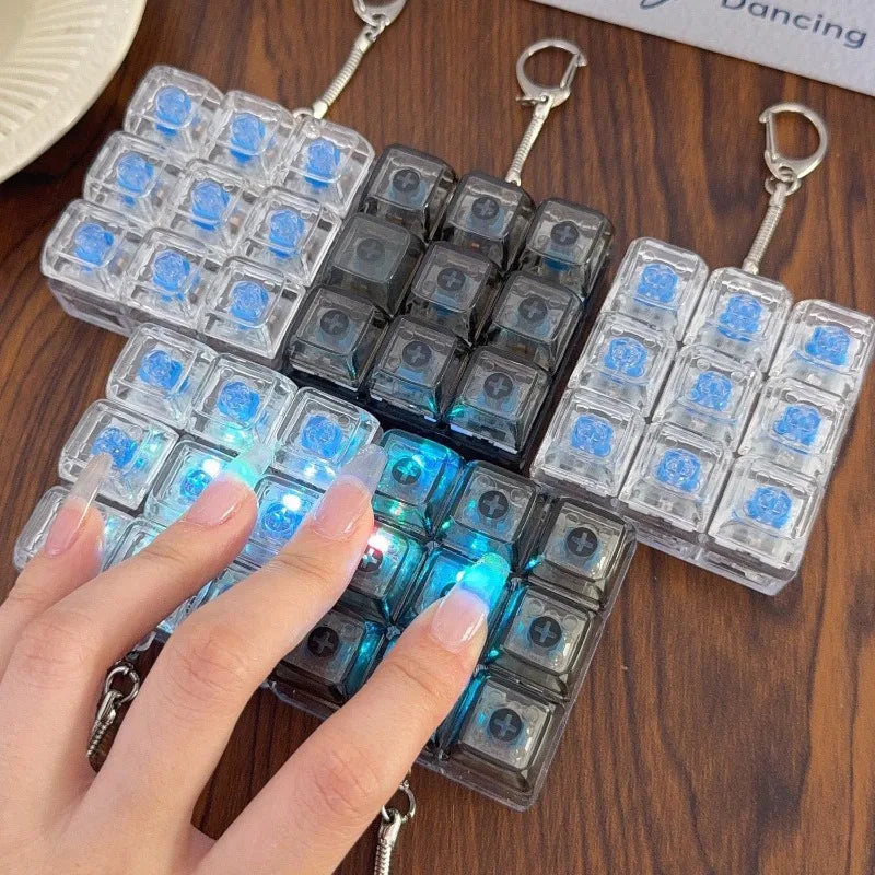 LED 9 Keys Keycap Keychains for Women Men Luminous Stress Relief Finger Pendants Fidget Keyboard Backpack Key Button Keyrings