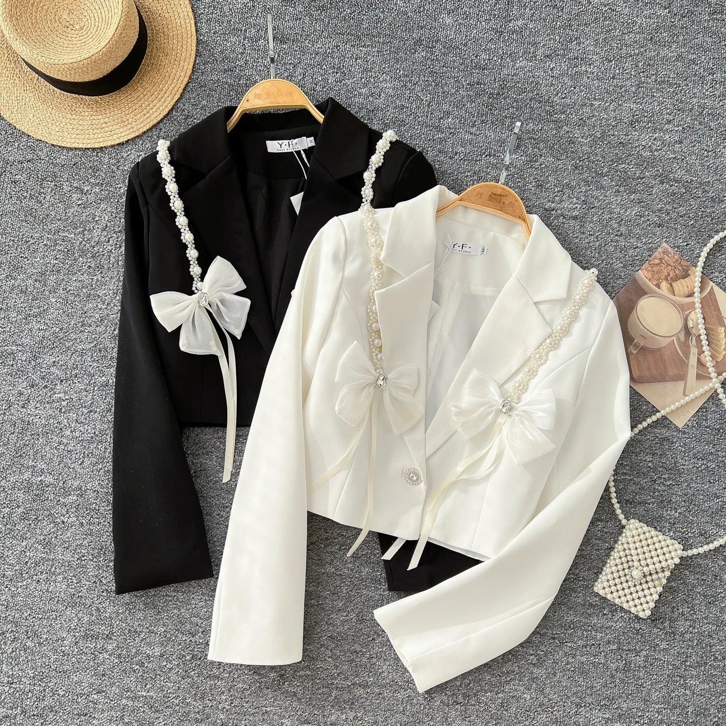 Chic Notched Basics Long Sleeve Elegant Embroidered Bead Butterfly Loose Coat French Streetwear High Street Autumn Winter Top