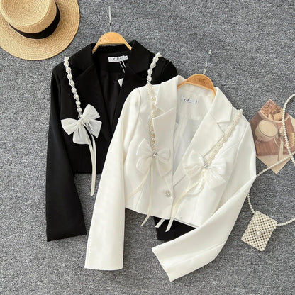 Chic Notched Basics Long Sleeve Elegant Embroidered Bead Butterfly Loose Coat French Streetwear High Street Autumn Winter Top