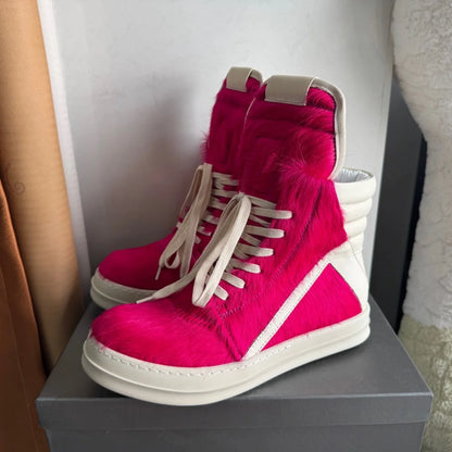 Ro Casual Shoes Men High Top Shoe Black Horse Hair Women Sneaker Black Horsehair Ankle Boot White Leather Boots Flat Sneakers