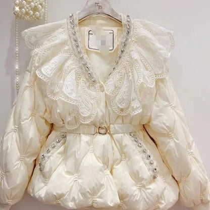 Cotton Padded Women's Coat Winter Parkas Sweet Heavy Industry Water Diamond Doll Collar, Waist Cinching Warm Cotton Clothing