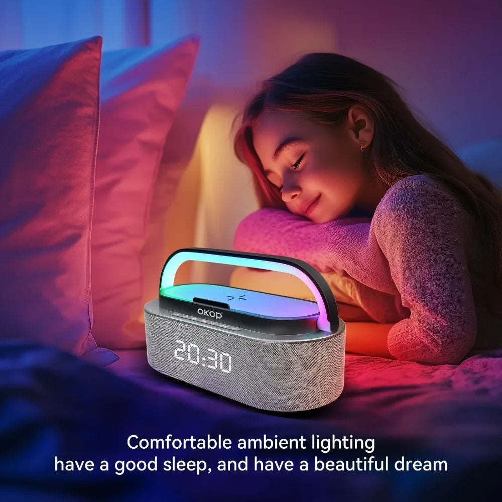 OKOP Bluetooth Speakers,6 in 1 Multi-function,Alarm Clock, Wireless Charger RGB Night Light , Audio,portable Speaker,White Noise