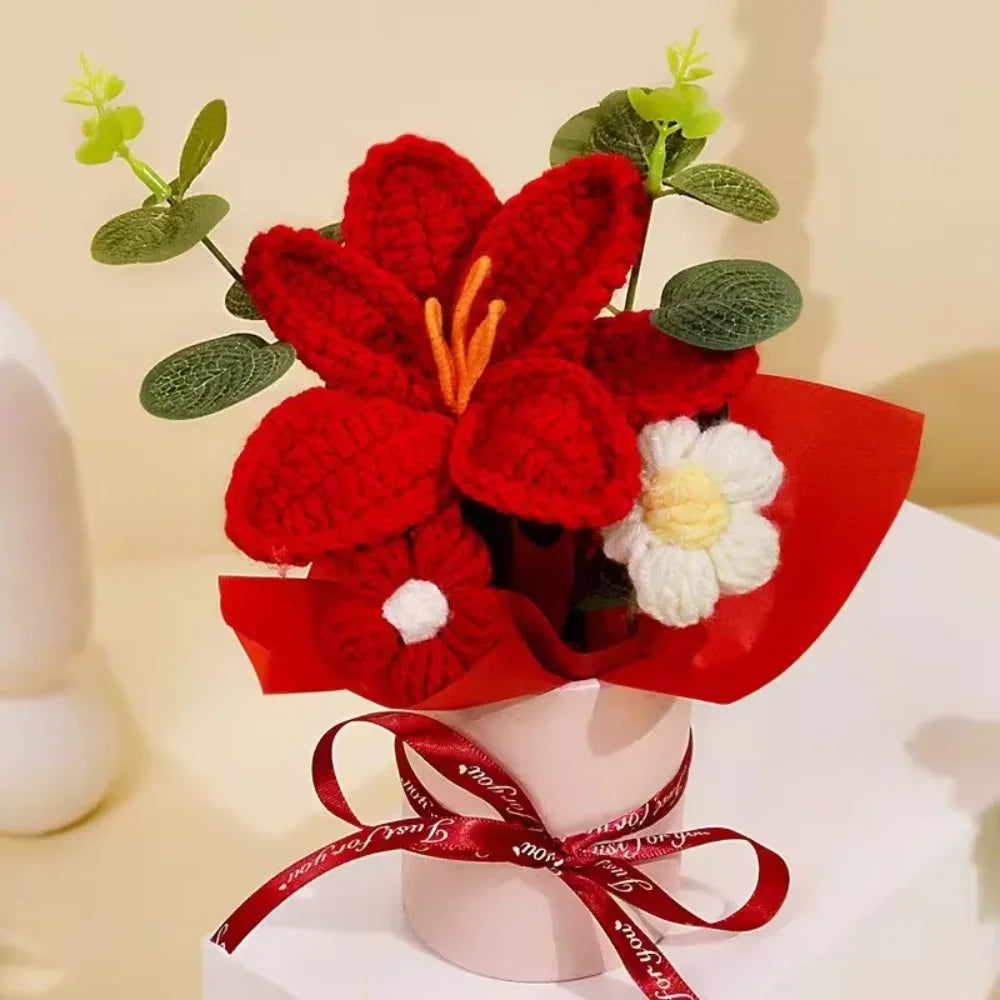 DTCTK Knitted Flower Bouquet Crochet Rose Flowers Hugging Bucket Christmas Gifts Living Room Desk Decoration Valentine's Day Gif