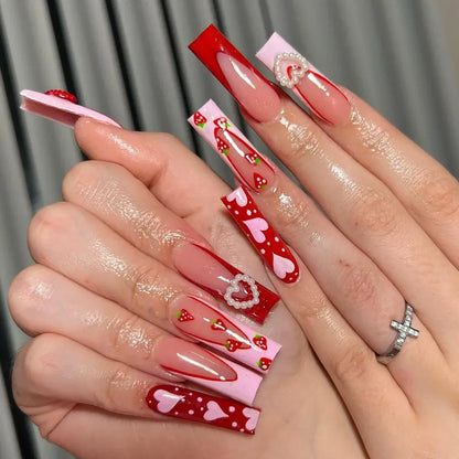 Romantic Red Lips Valentine's Day Wearable Fake Nails Frosted White Detachable Finished False Nails Press on Nails with Glue