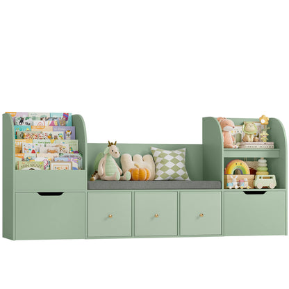 Getone 180.5cm Kids Toy Storage Unit 4-tier Kids Bookshelf with Storage Bench Childrens Bookcase Toy Organiser with 2 Drawers on Wheels, 3 Fabric Drawers for Nursery Playroom Furniture 180.5x35.2x80cm