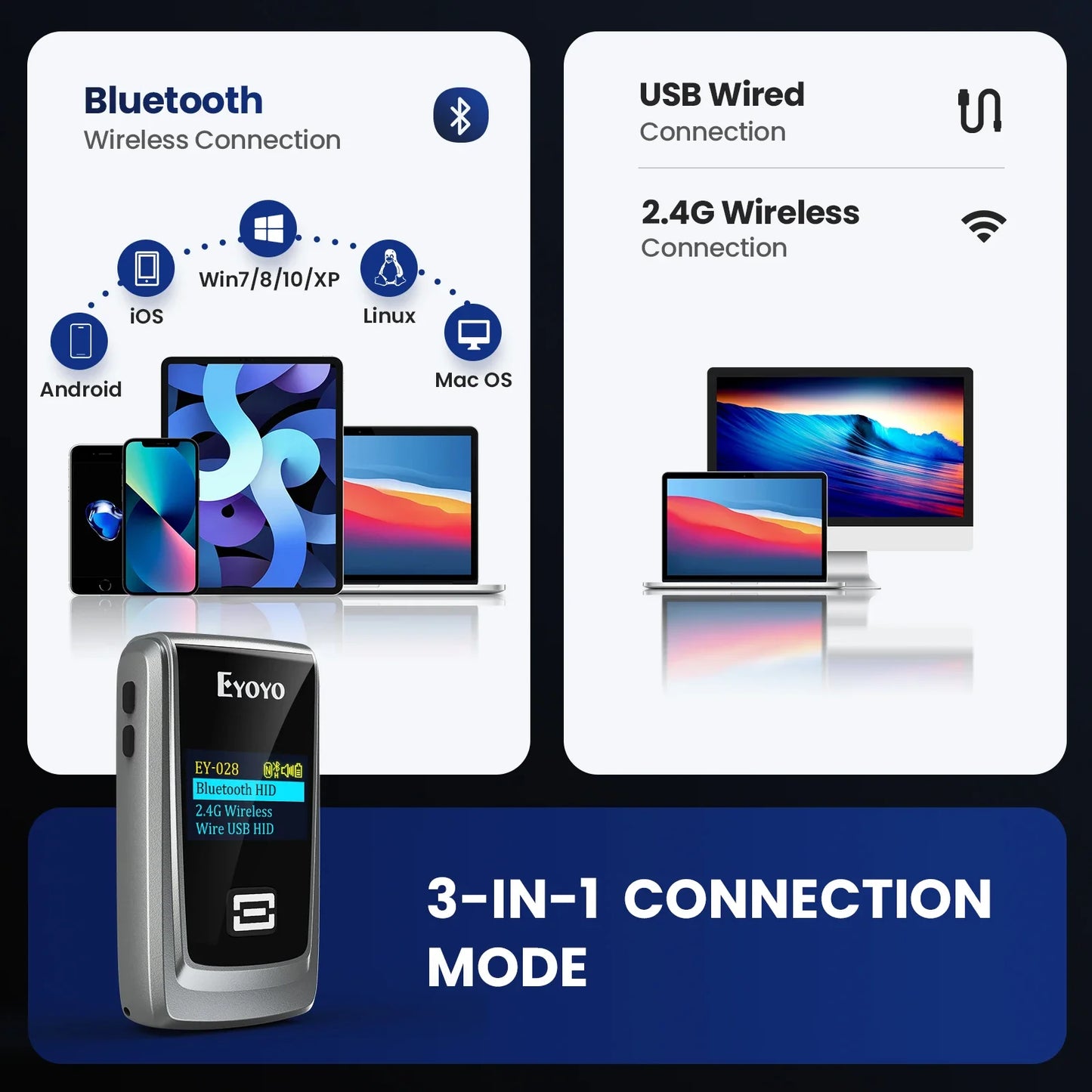 EYOYO Bluetooth QR 2D 1D Barcode Scanner With LED Display Wireless Laser Bar Code Reader for IOS Android Windows Mobile Payment