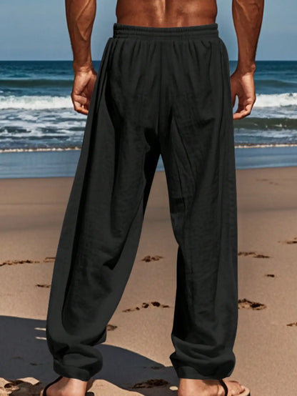 Men Linen Wide Leg Casual Pants Loose Lightweight Trousers Breathable Summer Spring Fall Daily Wear