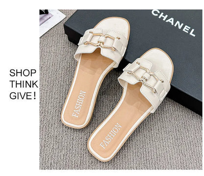 2024European and American Style Summer Fashion Out Flip-flops Flat Leisure Horse with Buckle Temperament One Line Slippers Woman