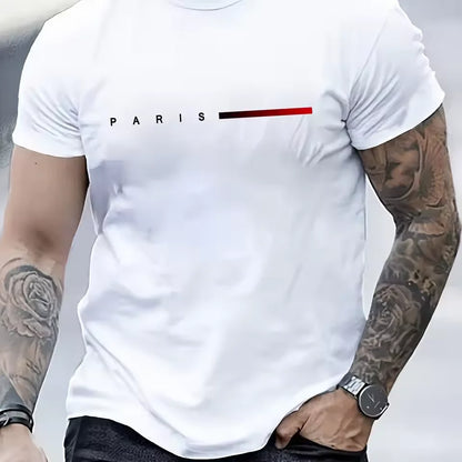 Men's 100% Cotton Summer Loose PARIS Creative Letter Print Casual Slim Fit Round Neck Short Sleeved T-shirt Top