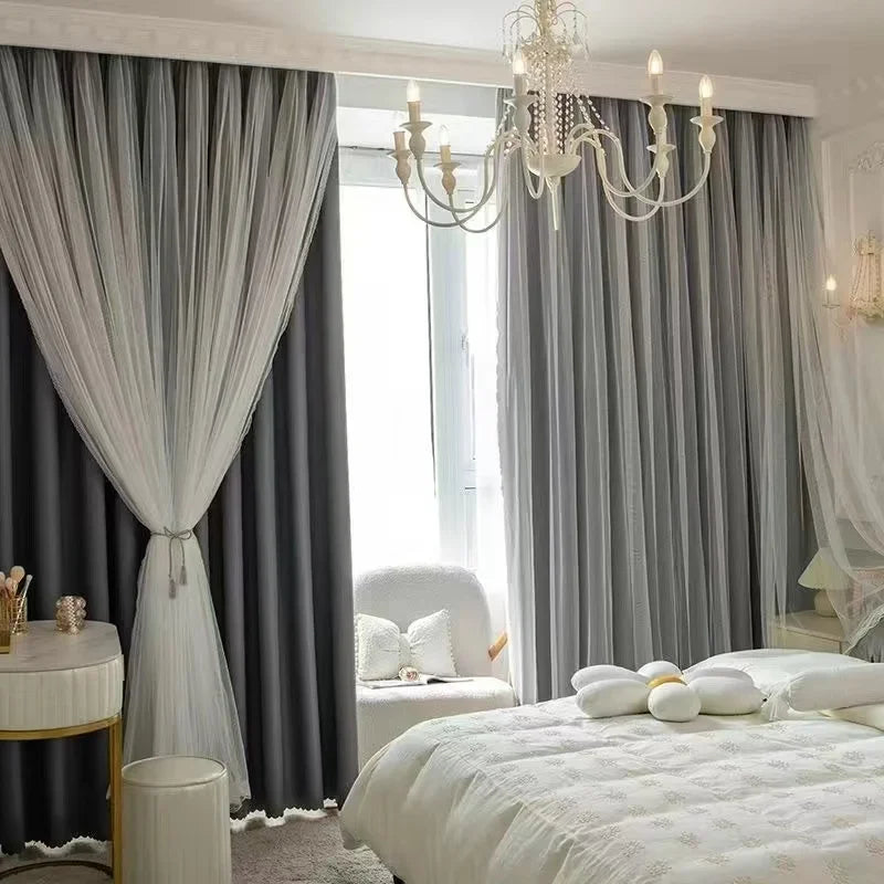 Nordic Style Solid Color Cloth Yarn Integrated Blackout Curtain Modern Bedroom Shade Curtains Living Room Luxury 나비주름 커튼 Шторы