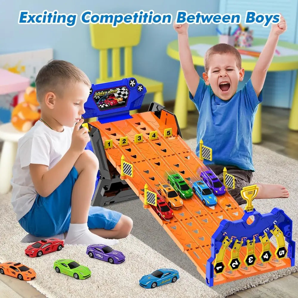 VATOS Upgraded 5 Tracks Truck Toy Cars for Boys Portable Race Track Truck Toy 5 Race Cars Carrier Vehicles Set for Kids Girls