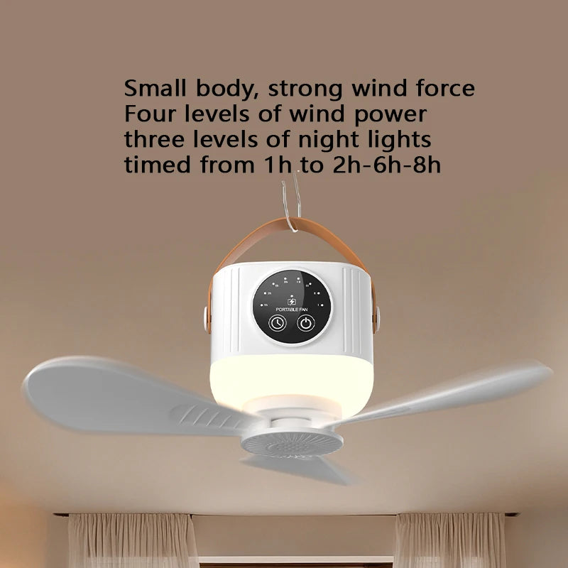USB Dormitory/Camping Small Ceiling Fan 8-Hour Timer, With Night Light, 4 Levels of Strength Portable Fan