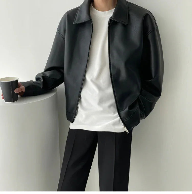 Autumn Black Leather Jacket Men Fashion Oversized Leather Jackets Mens Streetwear Korean Loose Hip-hop Bomber Jacket Men Coat