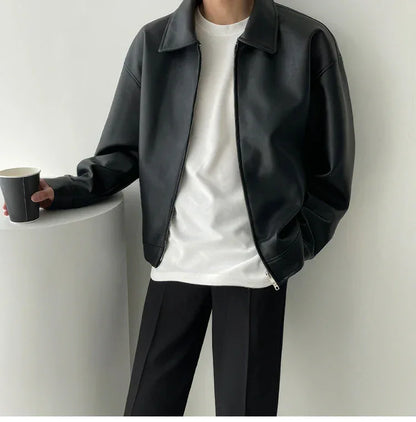 Autumn Black Leather Jacket Men Fashion Oversized Leather Jackets Mens Streetwear Korean Loose Hip-hop Bomber Jacket Men Coat